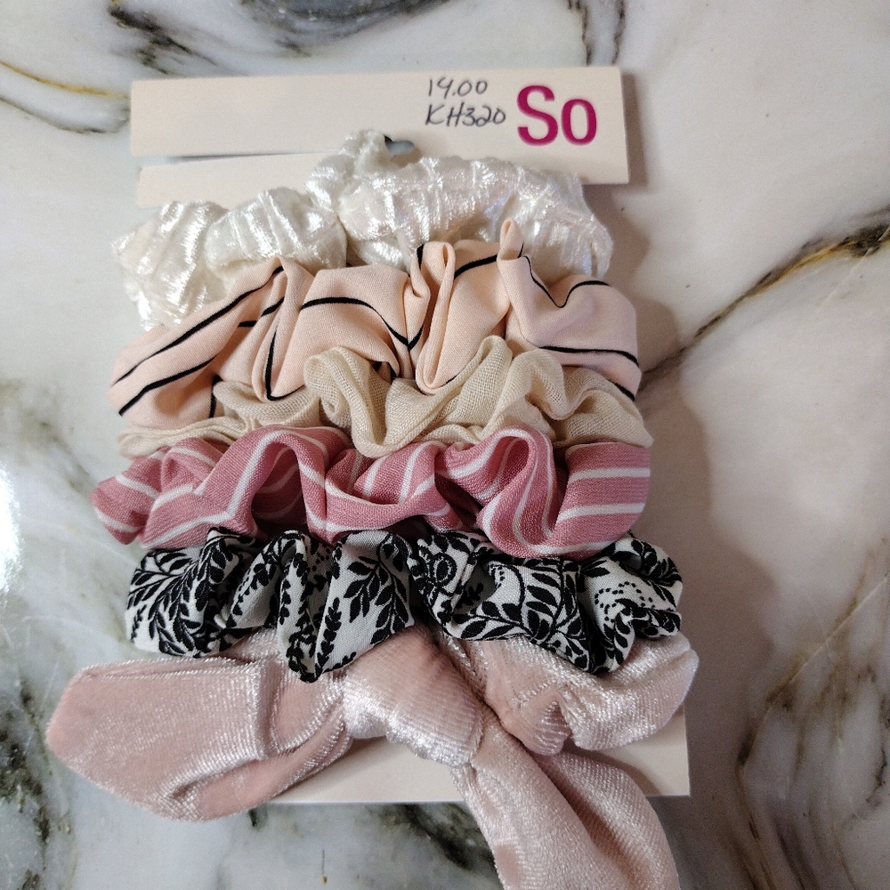 NWT SO Hair Scrunchies Velvet Fabric Pink White Stripes Hair Tie Ponytail Holder
